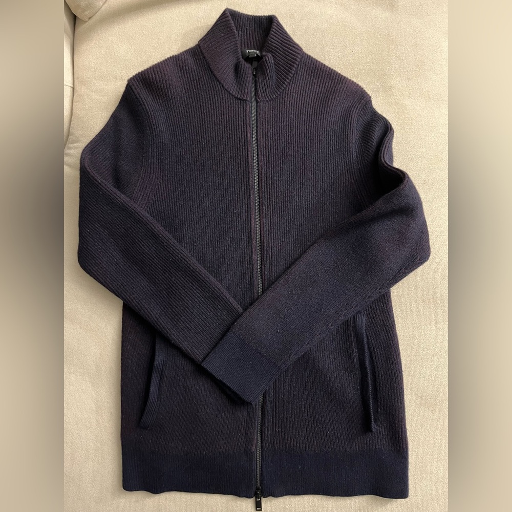 Theory Dark Purple Ribbed Knit Full Zip Sweater L